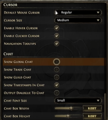 poe 2 cursor and chat settings